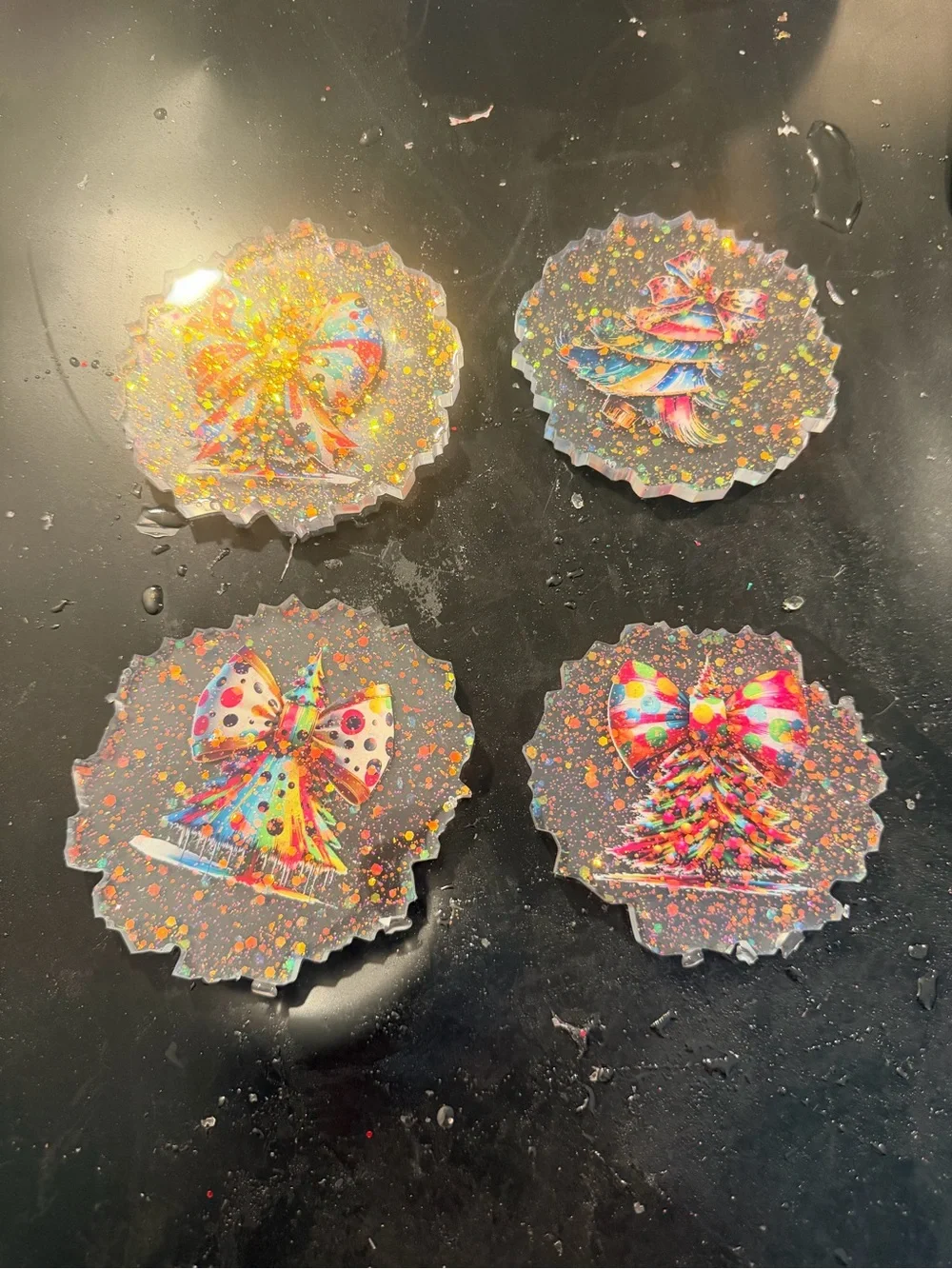 Festive Multicolor Glitter Resin ornaments- Set of 4